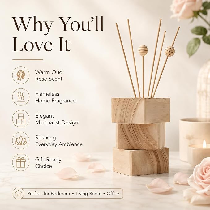 Oud Rose Reed Diffuser for Home, Luxury Hotel Collection Scent Inspired by Ritz Carlton, Long Lasting Fragrance, Minimalist Design, Bathroom Accessories/Bedroom Office Decor Gift, 3.34 Fl Oz