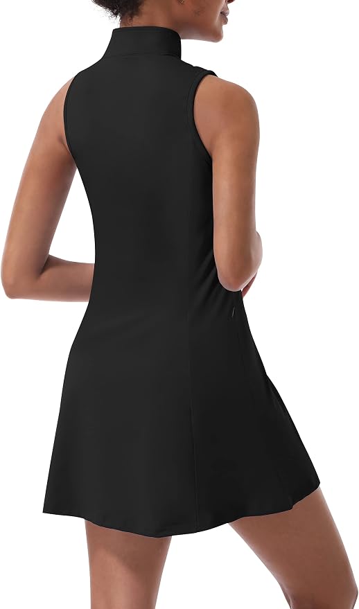 Womens Tennis Dress, Golf Dress with Shorts & Pockets Athletic Dress | Sleeveless Collared Half-Zipper Workout Sport Dress, Stretch Moisture Wicking Fabric, Tennis Golf Outfits