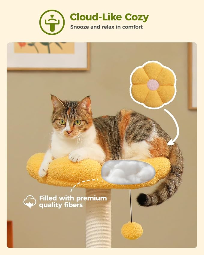 37.4" Flower Cat Tree with 2 Hammocks & 6 Sisal Posts, Yellow | Flower top perch, 2 spacious hammocks, 6 sisal posts, Cute small tower, For indoor kittens, Sturdy build