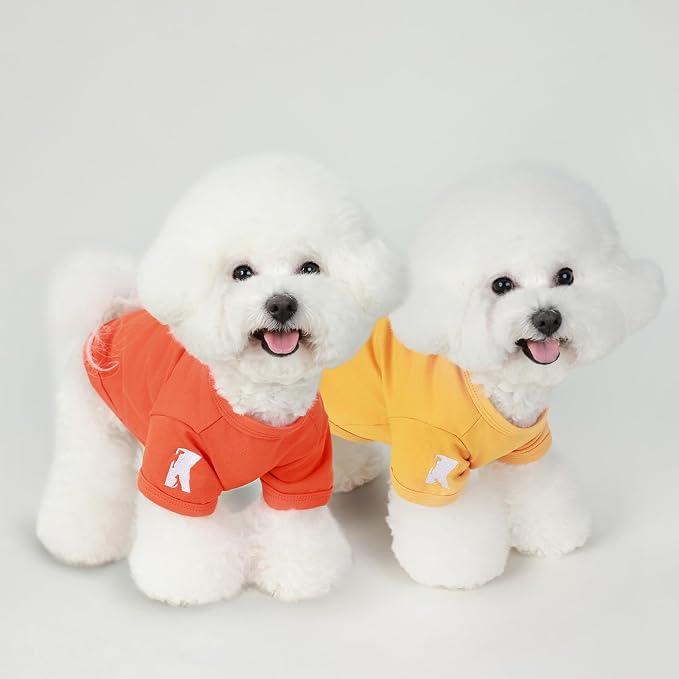 Koneseve Dog Shirts Soft Plain Solid T-Shirt Stretchy - Yellow & Orange L | 2-Pack Breathable Cotton Clothes for Small Dogs & Cats, Easy Tee Pull-On, All-Season Cozy Daily Wear & Outdoor Free Moves