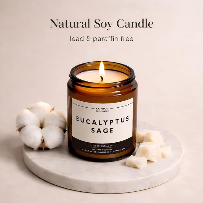 Eucalyptus Sage Scented Candles for Home, Natural Soy Wax Candle with Essential Oils, 9oz Amber Jar Aromatherapy Candel, 50H Long & Non-Toxic Burning, Hand Poured, Giftable, Relaxation, Spa