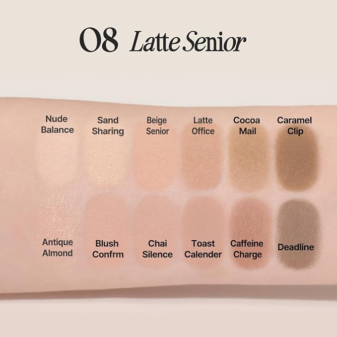 CLIO Pro Eye Palette Air, 12-Color Eye Shadow Palette, Matte Shimmer Mix, Air-Fit Blendable Pigmented Buildable Color, Low Fallout, Warm Brown Nude Neutral Tone, Daily Korean Makeup (08 LATTE SENIOR)