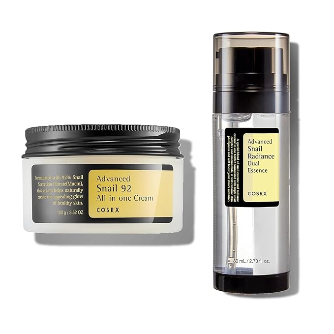 COSRX Glass Skin Ritual- Snail Mucin 92 Cream + Dual Essence- Mositurize Dry and Dull Skin to Achieve Radiant Glass Skin