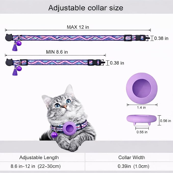 Cat Collar with AirTag Holder – Breakaway Lightweight Woven Cat Collar, Adjustable with Bell for Cats & Kittens (Twilight Calm Set) | Amazegoods