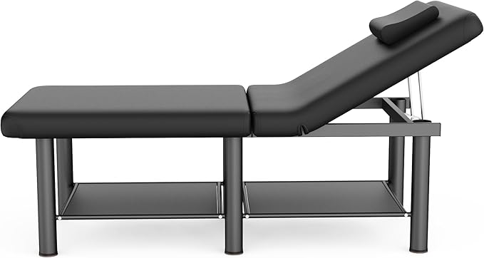 Folding Stationary Massage Table with Backrest and Storage Space for Treatment Table Physical Therapy Table Spa Facial Bed, 6 Round Legs Metal Frame PU Leather, 30.5'' Wide × 75'' Long - Black