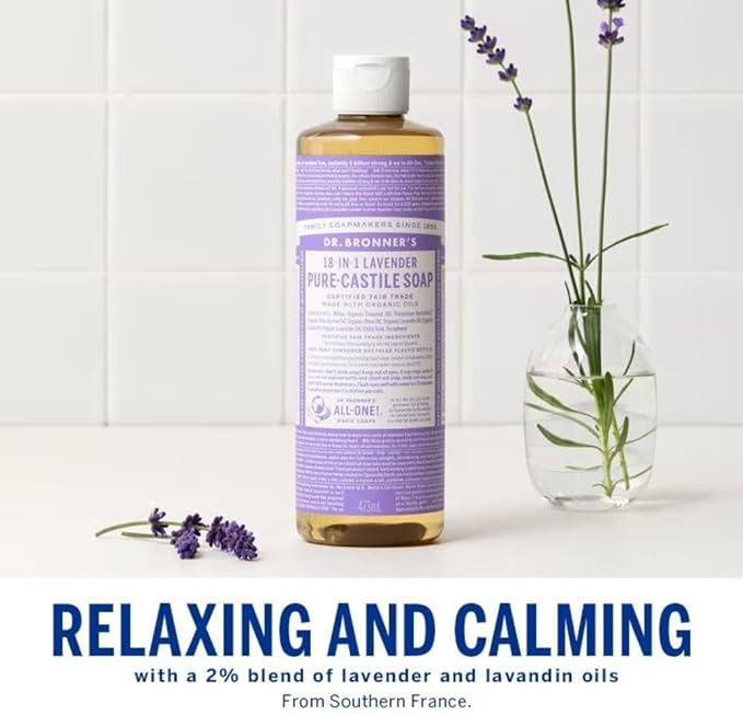 Dr. Bronner's - Pure-Castile Liquid Soap (Lavender, 16 ounce) - Made with Organic Oils, 18-in-1 Uses: Face, Body, Hair, Laundry, Pets & Dishes, Concentrated, Vegan, Non-GMO