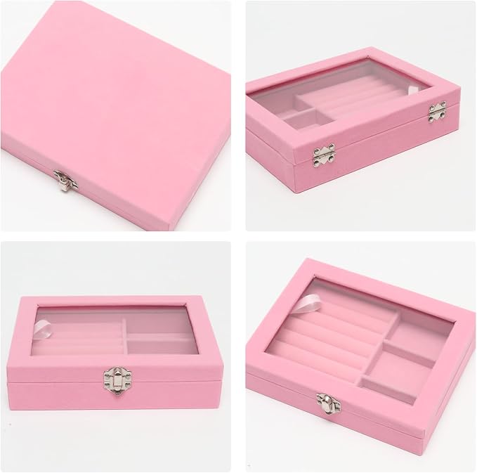 Small Velvet Jewelry Tray with Clear Lid, 2-in-1 Pink | Lockable Ring Earring Holder Organizer Storage Box Case Jewelry Box Organizer for Rings Earrings Bracelets Brooches