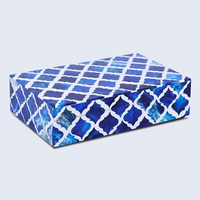 Handicrafts Home Small Decorative Storage Box with Lid, Moroccan Jewelry Keepsake Trinket Box Organizer, Wooden Coffee Table Dresser Storage Box, Blue, 8 x 5 x 2 Inch, Moroccan Collection
