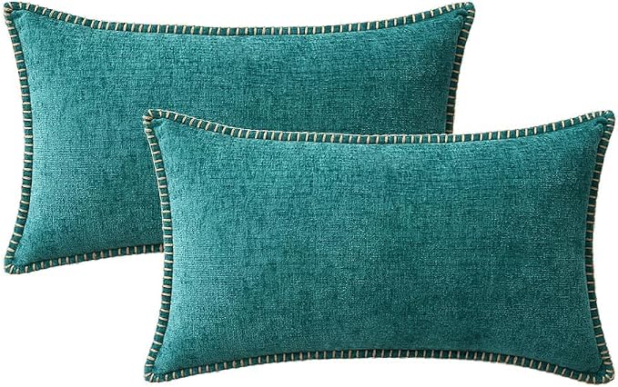 MIULEE Decorative Lumbar Throw Pillow Covers 12x20 Inch Teal 2 Pack | Farmhouse Pillow Covers with Stitched Edge, Soft Chenille Cushion Cases, for Couch Sofa Bed Living Room Home Decor