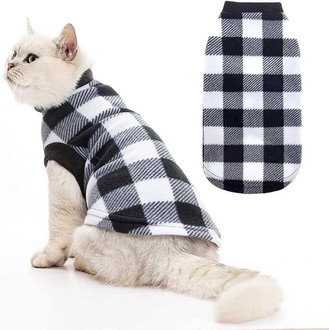 Plaid Cat Sweater - Pet Clothes Cat Puppy Vest Warm Fleece Hoodie for Cats, Fall and Cold Winter Coat Pullover Design, Buffalo Checked Sweatshirt Clothing Also for Small Dogs