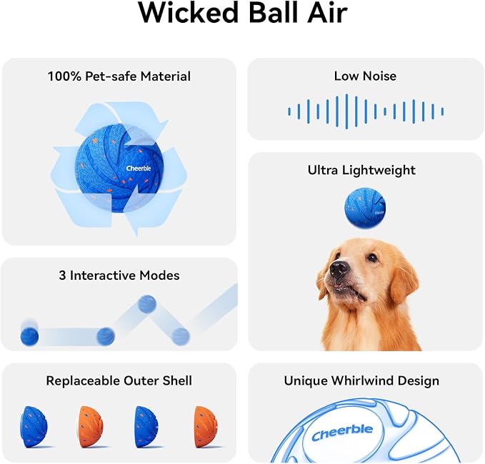 Cheerble Smart Interactive Dog Toy, Wicked Ball AIR, E-TPU Material | Automatic Moving, Bouncing, and Rotating, IPX7 Waterproof Rating, Active Rolling Ball for Puppy, Medium and Large Dogs