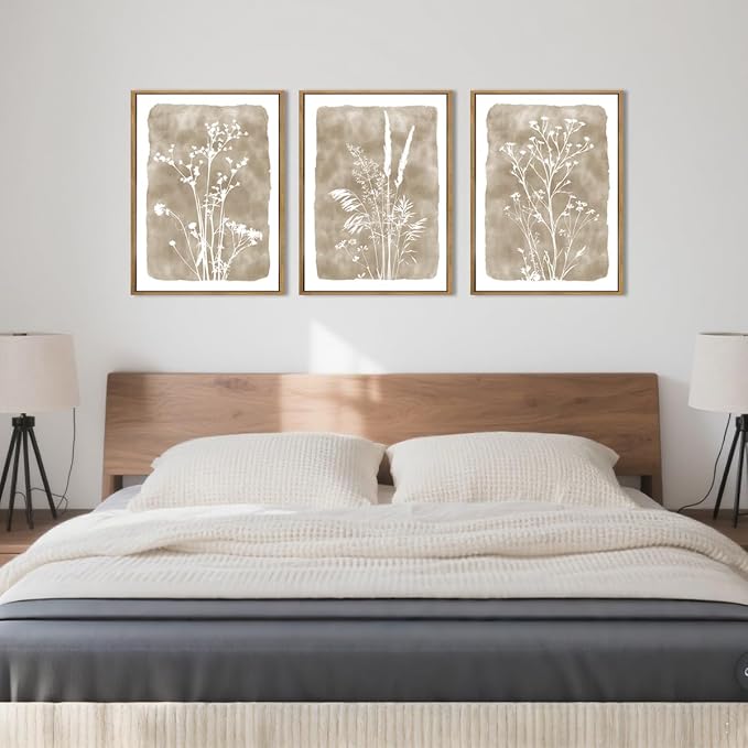 ANHUIB Beige Floral Canvas Wall Art Neutral Botanical Wall Decor 12x16 Inch Set of 3 for Living Room Bedroom Bathroom