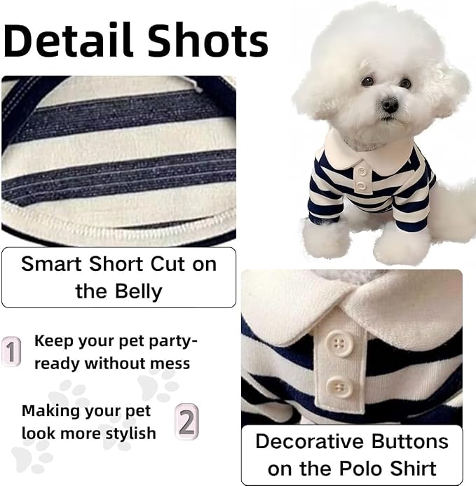 MANON ROSA Boy Dog Polo Shirt for Small Dogs, Dark Blue, S, 3.3-5.5 lb | Cute Puppy Clothes With Classic Stripes, Soft Breathable Pet Apparel For Yorkies, Shih Tzus And Everyday Summer Wear