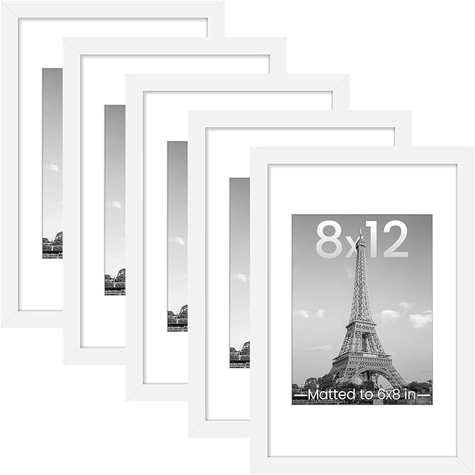 upsimples 8x12 Picture Frame, Gallery Wall Frames Set of 5, White | Photo Frame Collage Wall Decor, 6x8 Picture Frame with Mat for Family, Baby, Hallway, Christmas