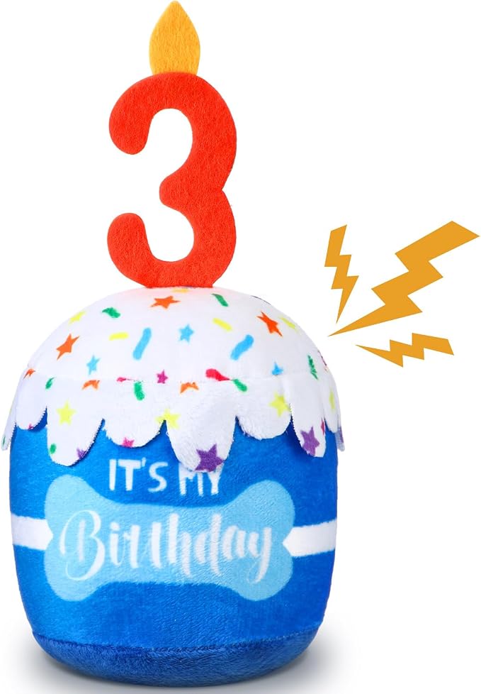 Dansydaisy Dog Birthday Cake Toy Squeaky Plush Gift,3rd,Blue