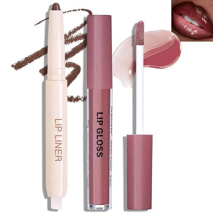 Brown Lip Liner Lip Gloss Set, Matte Plumping Lip Liner Pencil with Smudger Brush for Blending, Moisturizing Lightweight Non-Sticky Lip Gloss for Women High Shine Lip Kit Makeup, Set B
