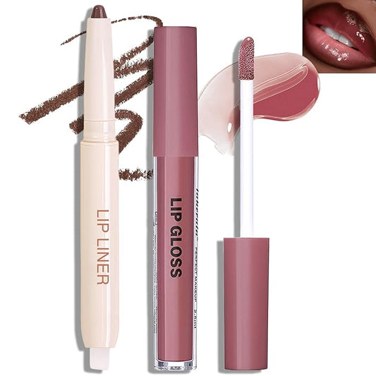 Brown Lip Liner Lip Gloss Set, Matte Plumping Lip Liner Pencil with Smudger Brush for Blending, Moisturizing Lightweight Non-Sticky Lip Gloss for Women High Shine Lip Kit Makeup, Set B