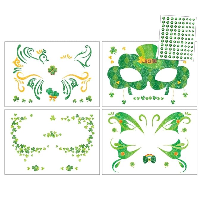 St Patricks Day Temporary Tattoos Green Leaf Blush Face Tattoos Mixed Styles Lucky Clover Shamrock Fake Tattoos Cute Freckles Face Tattoo Waterproof Makeup Stickers with Green Gems for Girls 4 Sheets