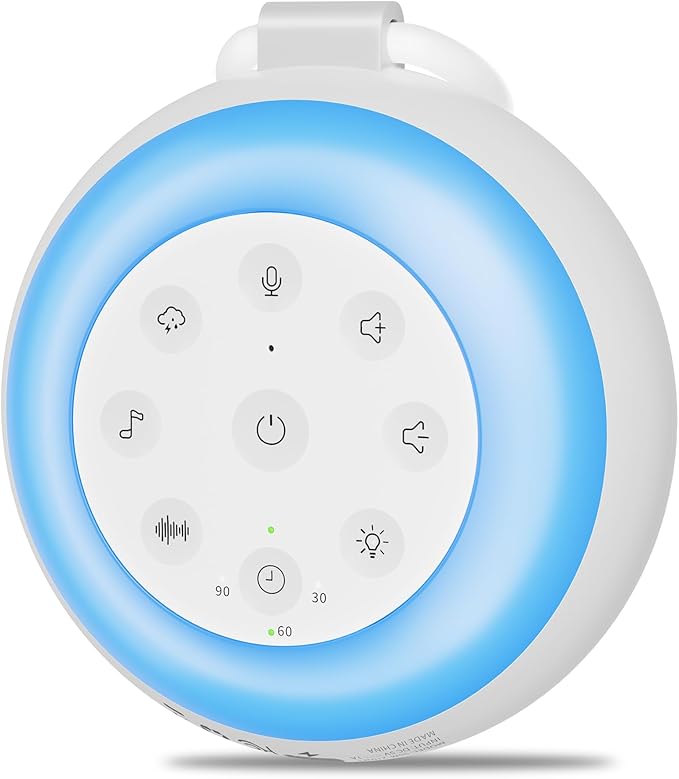 MEGATEK Sleep Sound Machine, 24 Soothing Sounds, 9 Color Dimmable Night Light, Bluetooth & 180s Voice Recording, 2000mAh Rechargeable Battery with Timer & Hook, Easy to Use