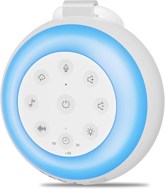 MEGATEK Sleep Sound Machine, 24 Soothing Sounds, 9 Color Dimmable Night Light, Bluetooth & 180s Voice Recording, 2000mAh Rechargeable Battery with Timer & Hook, Easy to Use