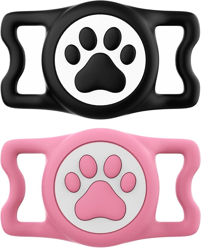 IP68 Waterproof Compatible with AirTag Dog Collar Holder, Silicone Dog for Airtag Holder for Apple AirTags (Black&Pink)