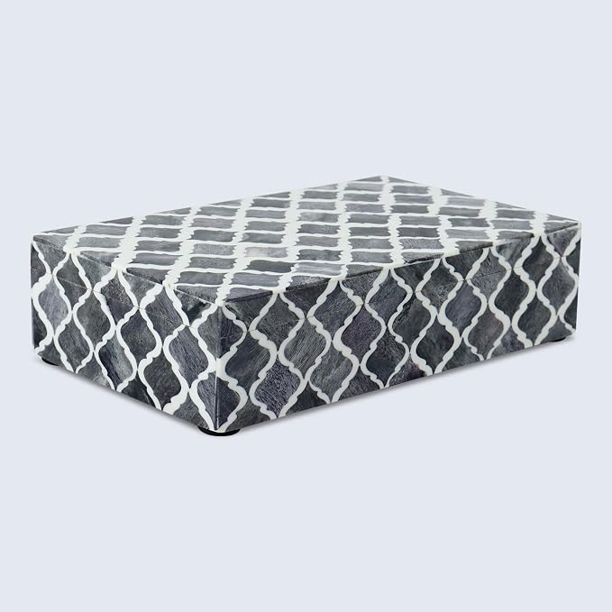 Handicrafts Home Decorative Storage Box with Lid, Moroccan Remote Control Holder Box, Wide Coffee Table Storage Organizer, Bone Inlay Resin Wooden Living Room Storage Box, Gray, 10 x 6 x 2.5