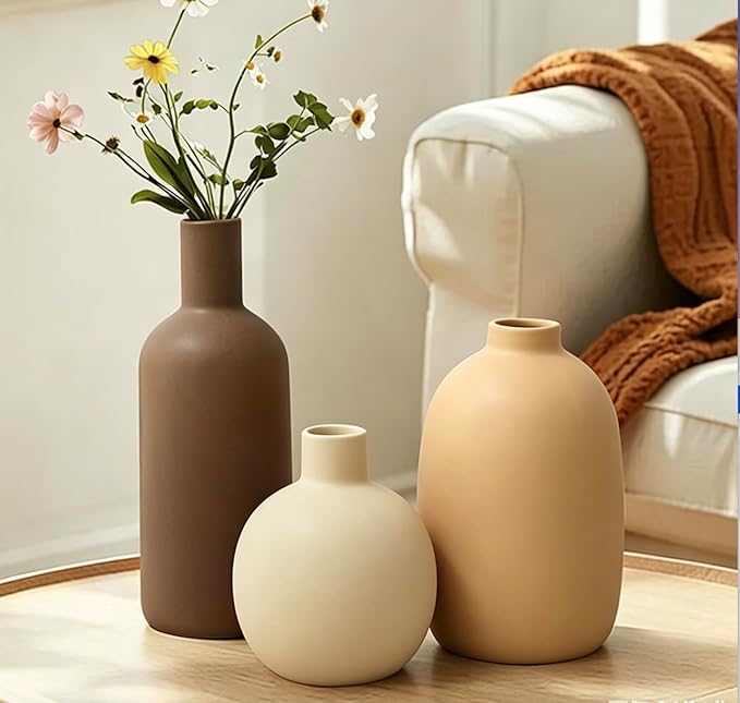 Large Ceramic Vase Set of 3, Brown Rustic Vases Home Decor Waterproof | Farmhouse Vases for Pampas Grass & Dried Flowers and Table Living Room Home Decor