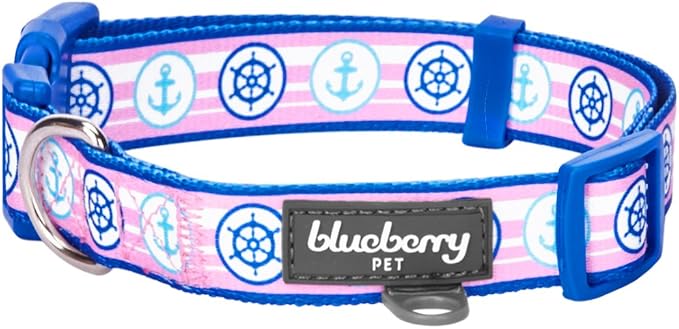 Blueberry Pet Essentials 8 Patterns Personalized Dog Collar, Nautical Navy Sailor, Medium, Adjustable Customized ID Collars for Medium Dogs Embroidered with Pet Name & Phone Number