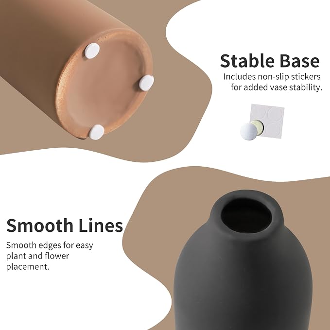 Enra Modern Ceramic Vase Set of 3, Minimalist Pottery Vases for Home Decor | 3-piece matte pottery accents in varied sizes, perfect for shelves, tables, mantels, dried flowers and pampas grass styling.