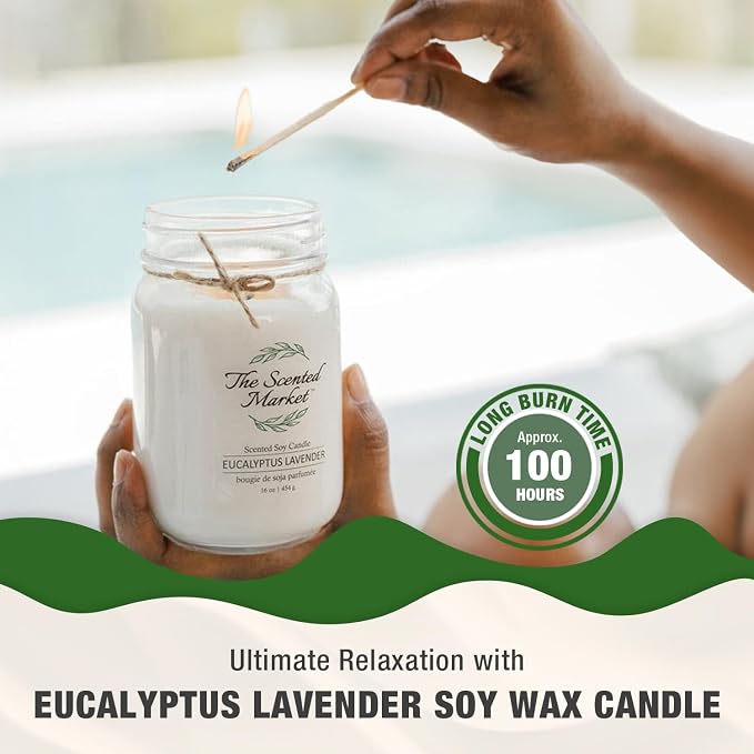 The Scented Market Aromatherapy Soy Wax Candle Eucalyptus Lavender 16 oz Mason Jar, Over 100 Hours of Burn Time, Ideal for Your Home and Gift Giving.
