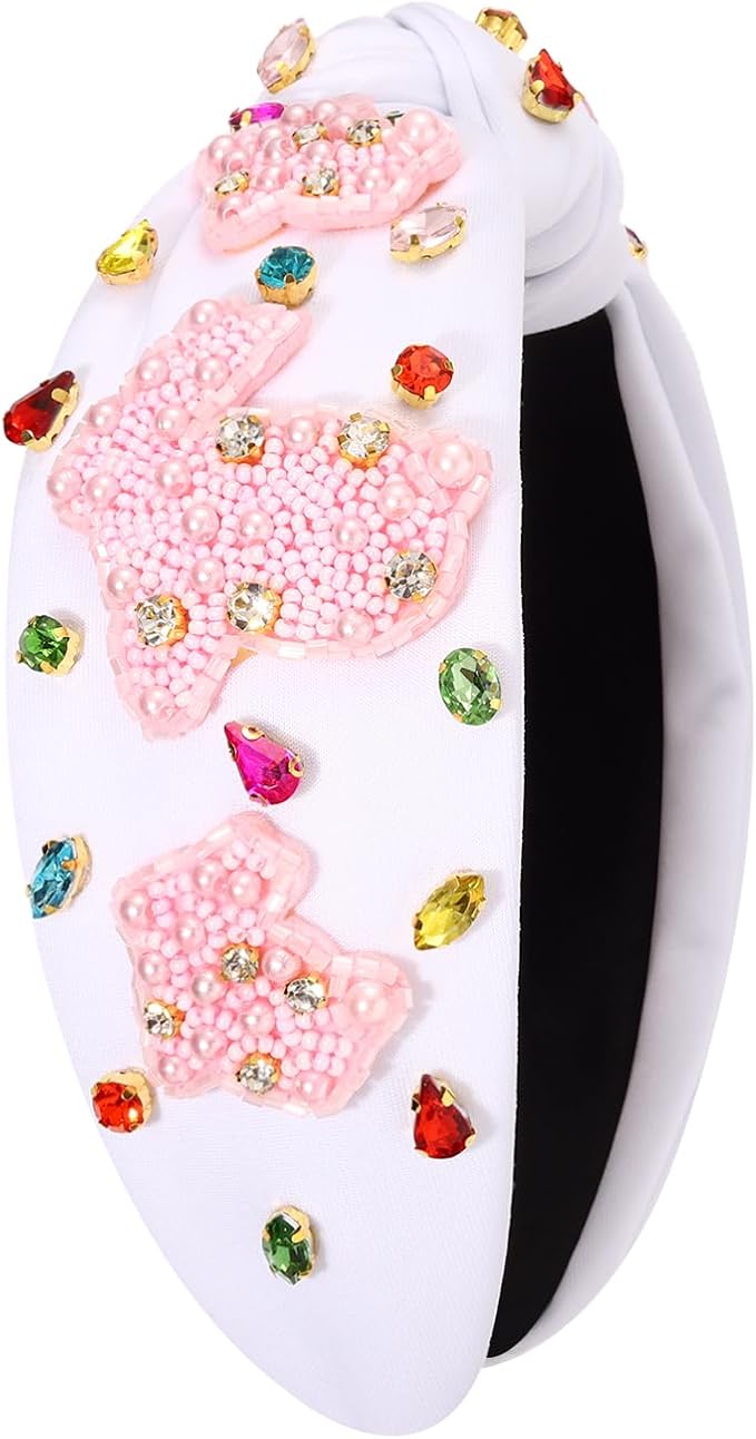 mokkia Easter Headbands Beaded Rabbit Bunny Headband for Women Pink Spring Knotted Headband Easter Hair Accessories Gifts