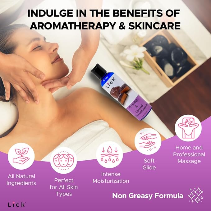Lick Chocolate and Caramel Massage Oil – Decadent Dessert-Inspired Edible Massage Oil with Almond Oil & Vitamin E, Smooth Glide for Couples Massage, 4 oz