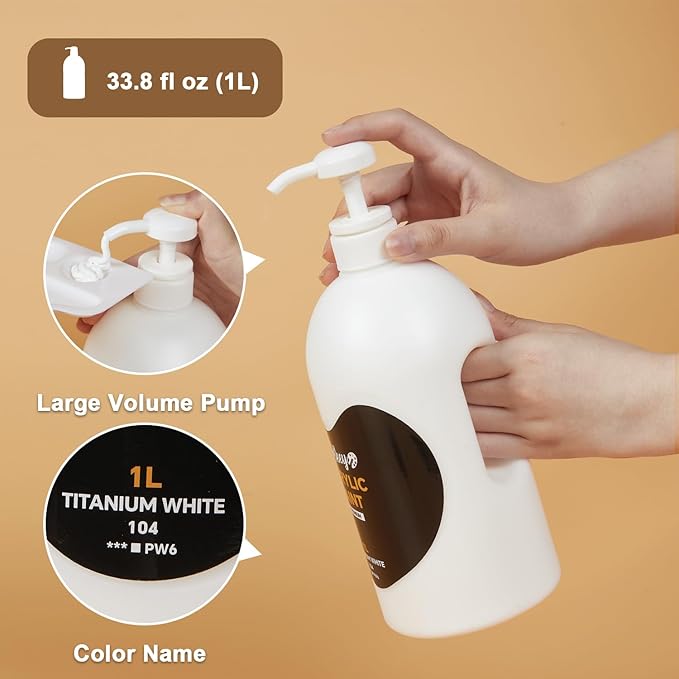 Black Acrylic Paint | 1L / 33.8 fl oz Pump Bottle with Handle Grip | Premium Artist Quality, High Coverage & Easy Dispense for Canvas, DIY Crafts & Murals