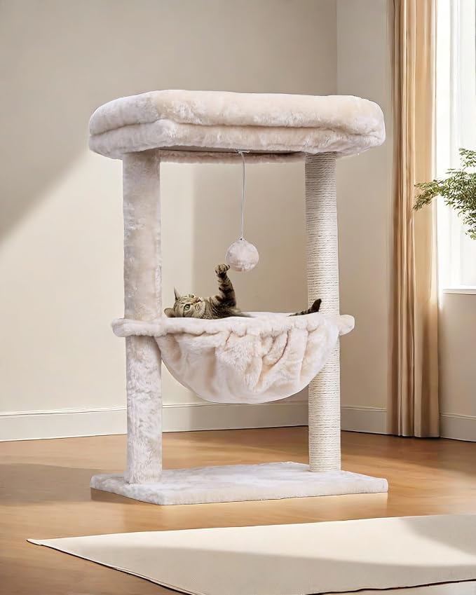 SYANDLVY Small Cat Tree for Indoor Cats, Activity Cat Tower with Scratching Post for Kittens, Cat Furniture with Basket & Hanging Ball for Play Rest, Beige | Scratching Post, Cat Furniture with Basket & Hanging Ball for Play Rest, Beige