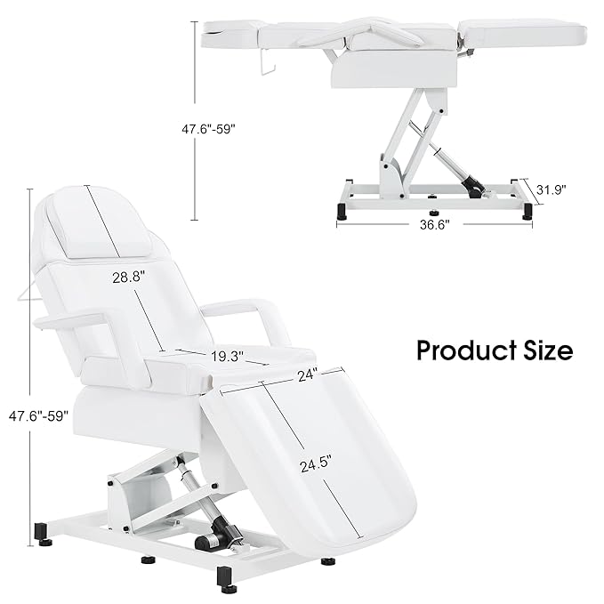 BarberPub Fully Electric Facial Bed with 3 Motor for Esthetician, Electric Tattoo Chair for Client, Facial Bed for Esthetician, Electric Adjustment 2751 (White, Height (Flat): 24"–33")