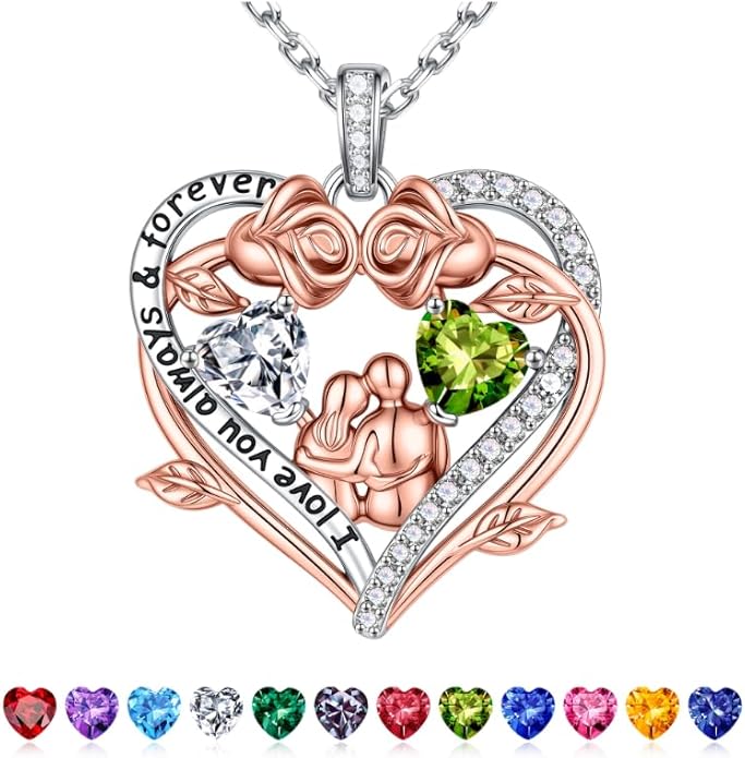 Iefil Valentines Gifts for Her Wife - 925 Sterling Silver Double Heart Birthstone Necklace, Anniversary Birthday Gifts for Women Wife Girlfriend