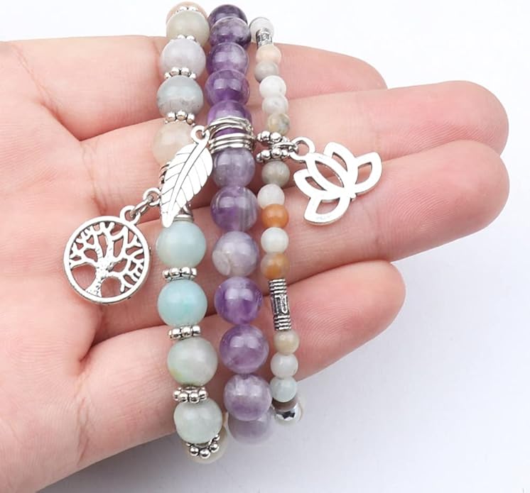 UEUC Tree of Life Yoga Healing Stone Bracelets,Multilayer Lotus Chakra Stone Reiki Bracelet Sets,Anxiety Crystal Natural Stone,for Women Stress Relief