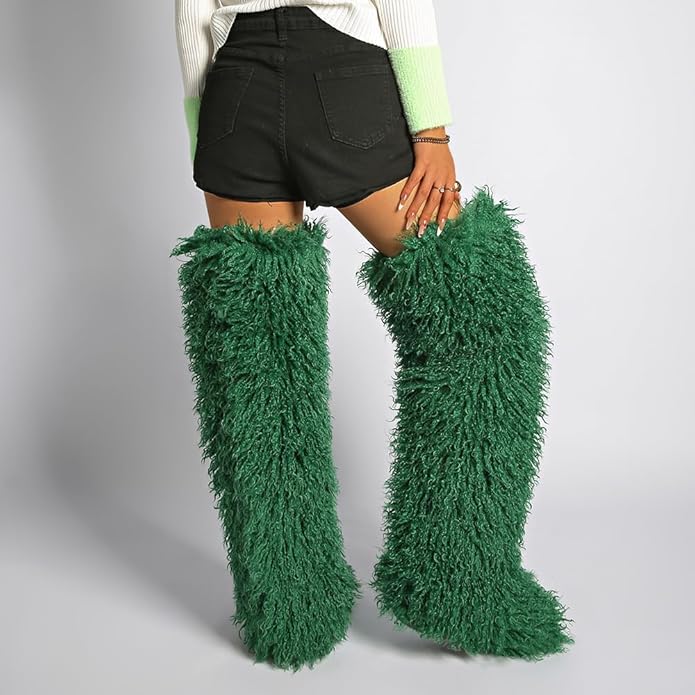 SWEETHEART BEAUTY Thigh High Shagy Teddy Fur Boots, 29 Inch Over the Knee Length Fluffy High Boots, Tall Furry Shoes For Women