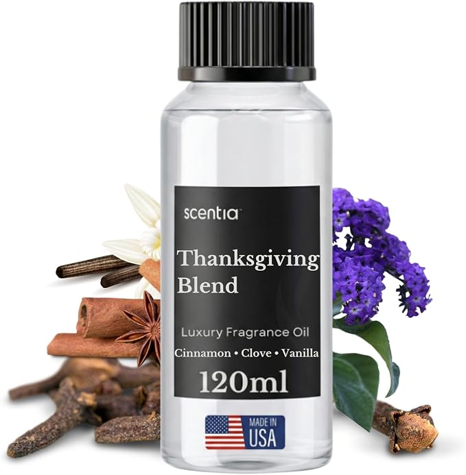 Scentia Thanksgiving Blend Essential Oil – 120 ml Premium Holiday Diffuser Oil with Cinnamon, Clove, Vanilla & Coconut | Cozy Fall Aromatherapy for Home, Candles, Soaps & Gifts