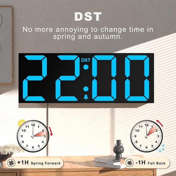 JALL 22" Large Digital Wall Clock, Big LED Display with Night Light, Auto Dimming & DST, Giant Alarm Clock for Seniors, Elderly Parents, Gift for Mom Dad (Blue)