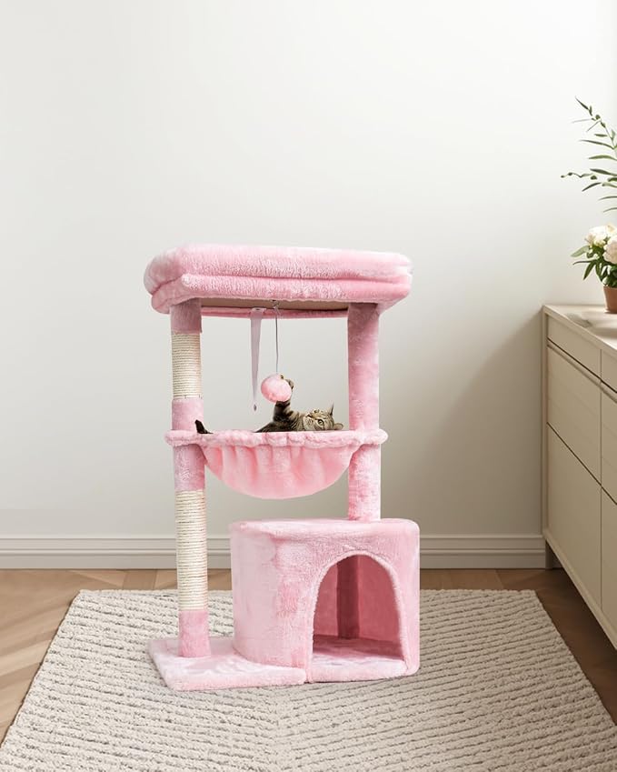 SYANDLVY Pink Cat Tree for Indoor Cats, Modern Tower with Scratching Post | Modern Cat House with Padded Perch, Kittens Condo with Cradle, Cat Cave, Pink