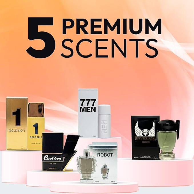 VENEZIO PROFUMO Cologne for Men (3.4oz/100ml x 5Pcs), Eau de toilette, Aromatic, Floral, Spicy, Citrus, Oriental, Masculine & Woody Notes - Individually Boxed Pack of 5pcs