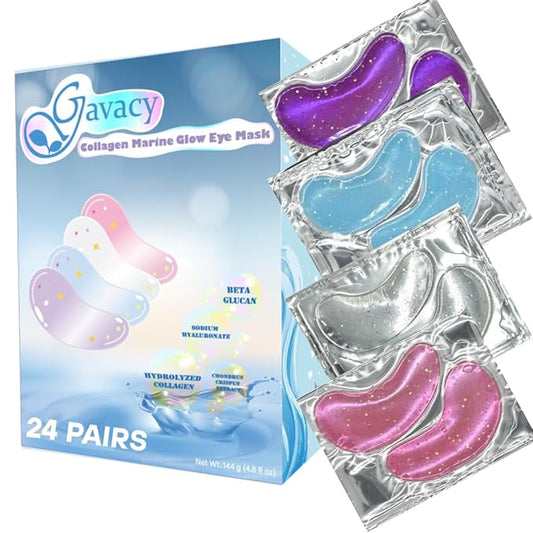 Glitter Marine Collagen Under Eye Patches (24 Pairs), 4 Shimmery Colors, Hydrating Under Eye Gels for Puffy Eyes, Dark Circles, Eye Bags, Wrinkles, Eye Mask(4 Colors, 24 Pairs)