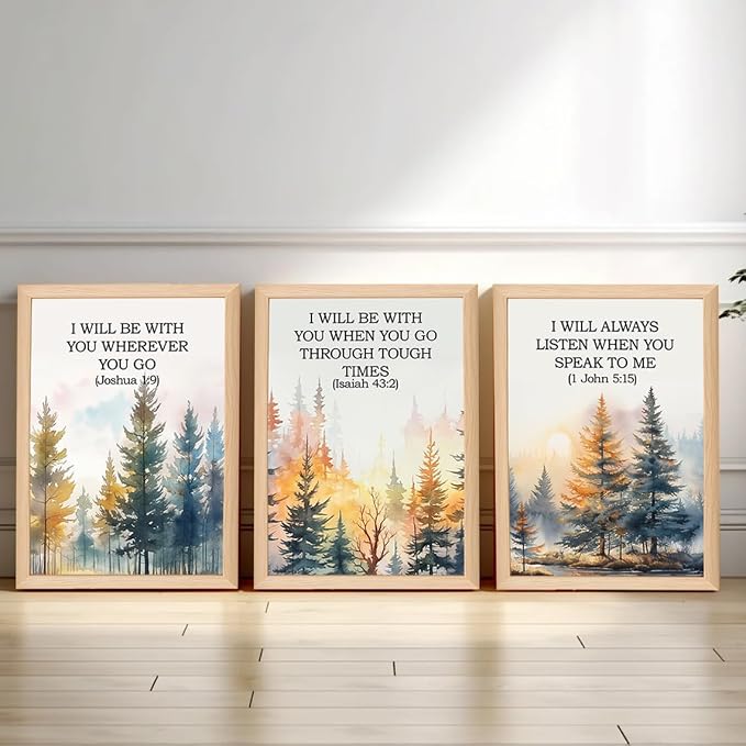 Forest Bible Verse Wall Art Painting Vintage Scripture Christian Landscape Wall Decor, Spiritual Jesus Nature Forest Quote Poster Canvas Prints, for Living Prayer Room Bedroom 12x16 inch Framed