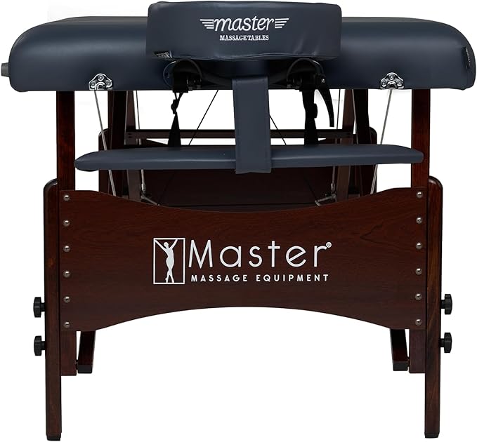 Master Massage Newport Portable Massage Table Package with Denser 2.5" Cushion, Walnut Stained Hardwood, Steel Support Cables, Pillows & Accessories, Royal Blue, 30"