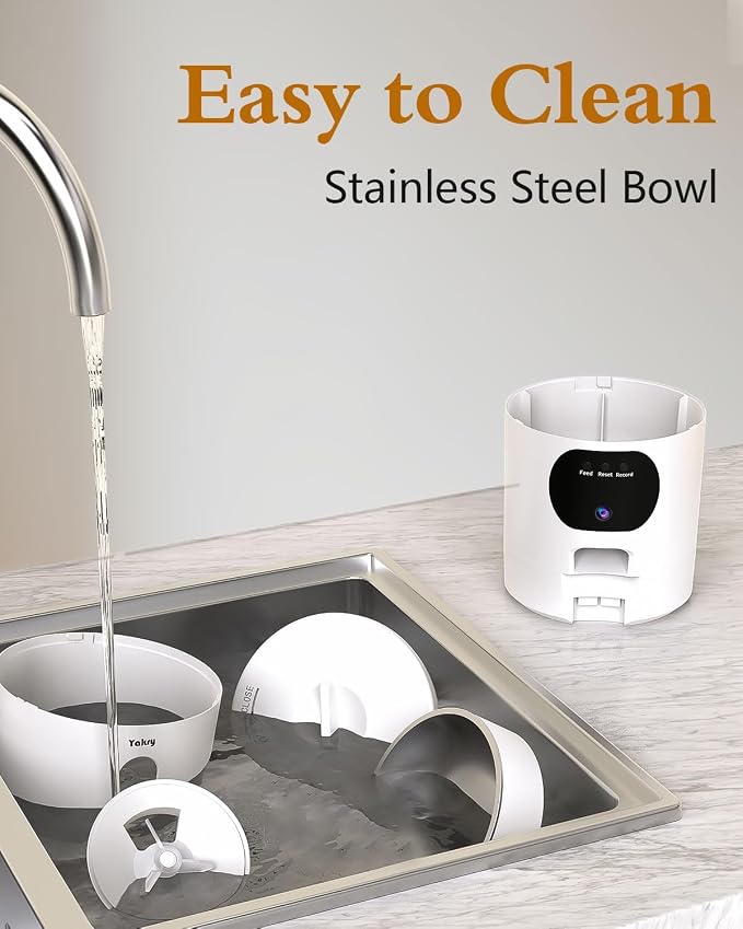 Yakry Automatic Cat Feeder with Camera - HD 1080P Video with Night Vision | 5GHz WiFi Easy Setup App Control Cat Dry Food Dispenser with Stainless Steel Bowl, 4L/17 Cups Capacity for Small Pets Indoor