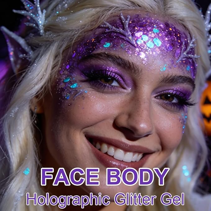 Purple Face Body Hair Glitter Gel for Women and Kids, Monochrome Holographic Mermaid Sequins Chunky Glitter Paint Makeup for Mardi Gras Halloween Festival Rave Outfits Accessories, 1.7oz, #12
