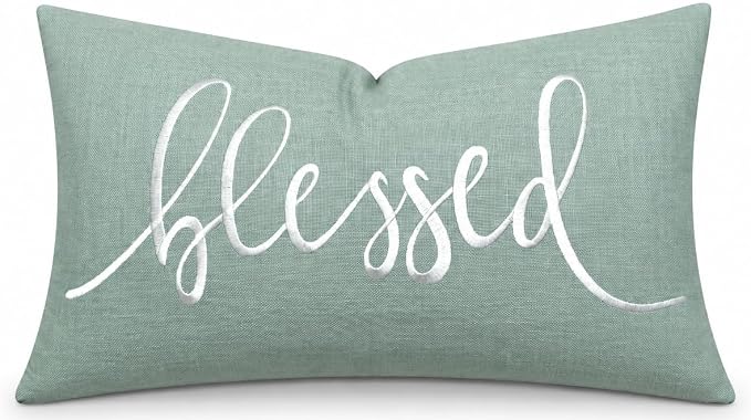 EURASIA DECOR Blessed Embroidered Lumbar Pillow Cover 12x20, Light Teal | Raised ivory script on light teal; scripture faith gift, cotton, hidden zip, solid back, cover only