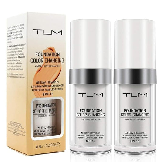 TLM Colour Changing Foundation, 2Pack Flawless Color Changing Foundation Makeup Base Moisturizing Liquid Foundation for Women, Concealer Cover, Girls SPF15, Sunscreen, Non-Greasy,Long Lasting