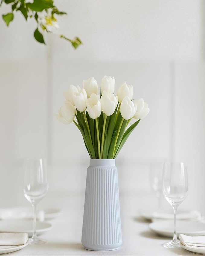 White Ceramic Vase, 8 Inch Conical Flower Vase for Pampas Grass, Modern Minimalist Ribbed Decorative Vase for Living Room Table, Shelf Decor